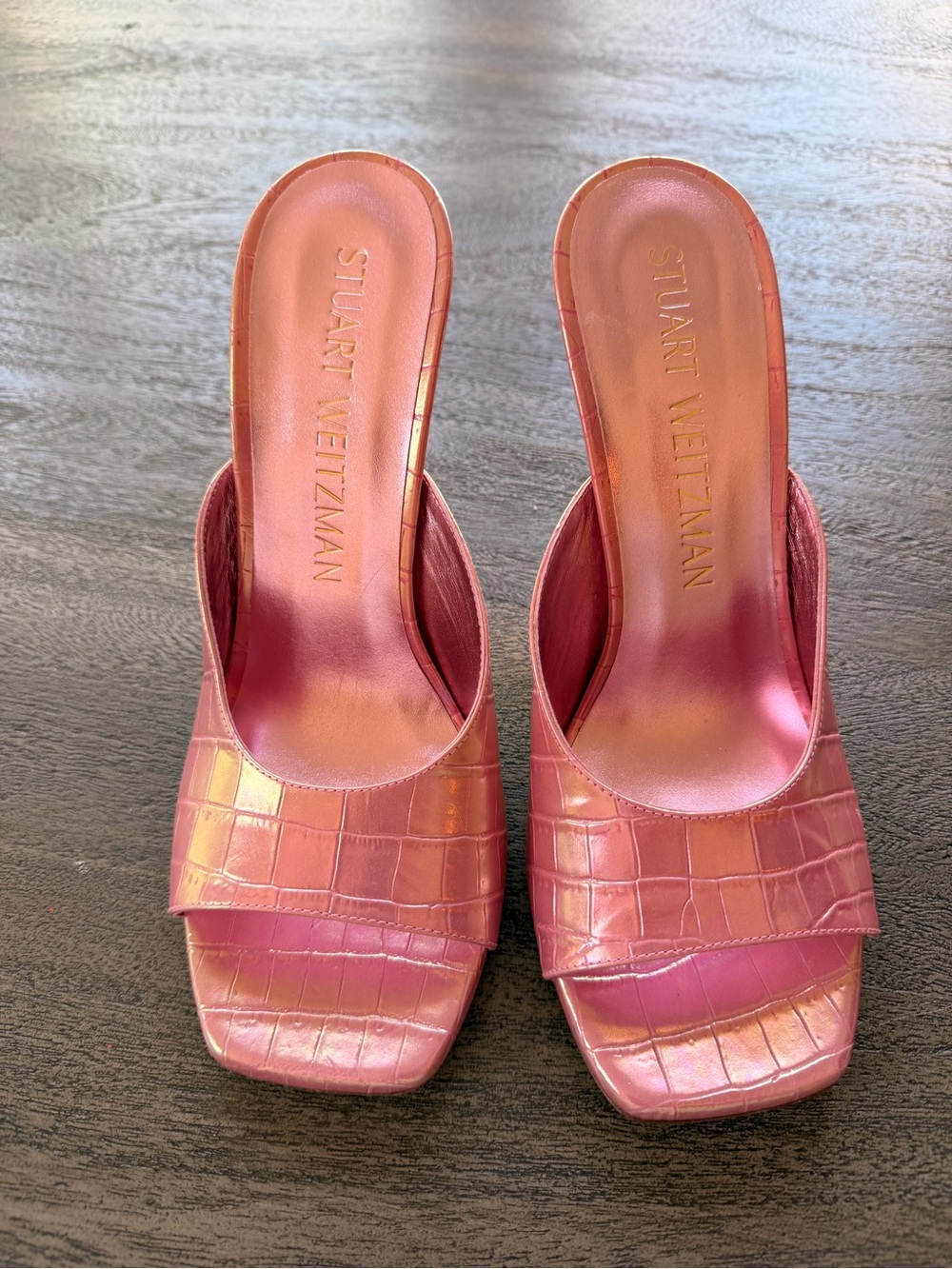 Stuart Weitzman Metallic Pink Croc-Embossed Slide Mules